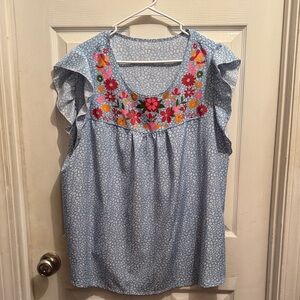 Embroidered Floral Light Blue Blouse
